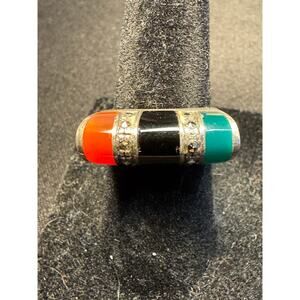 925 Sterling Onyx Carnelian Jade Size 6 Ring